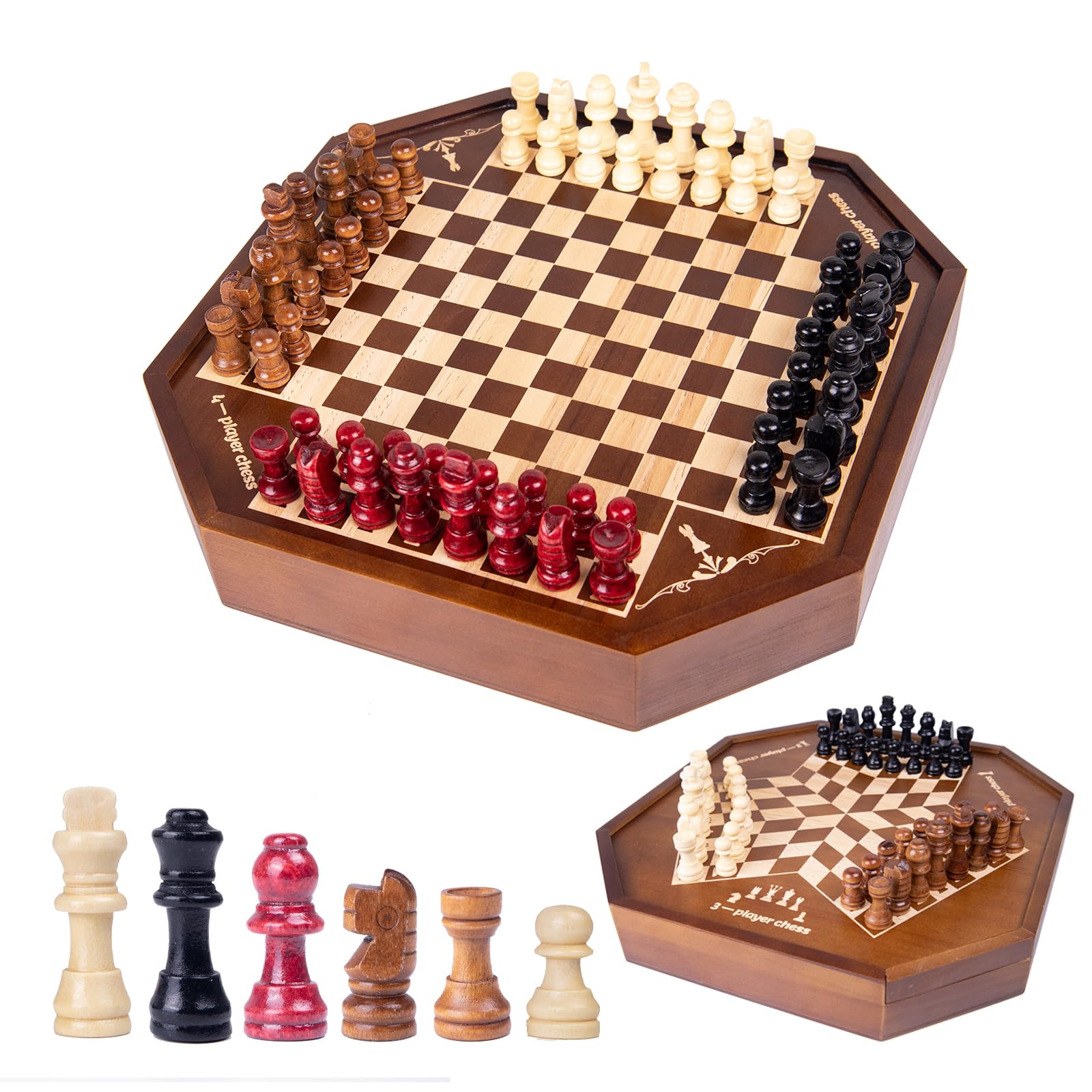 Wooden Chess Game for 3 or 4 Players, Chess Game, IQ Game, a Chess Board with Marked Positions of Chess Pieces, A Gift for Chess Lovers