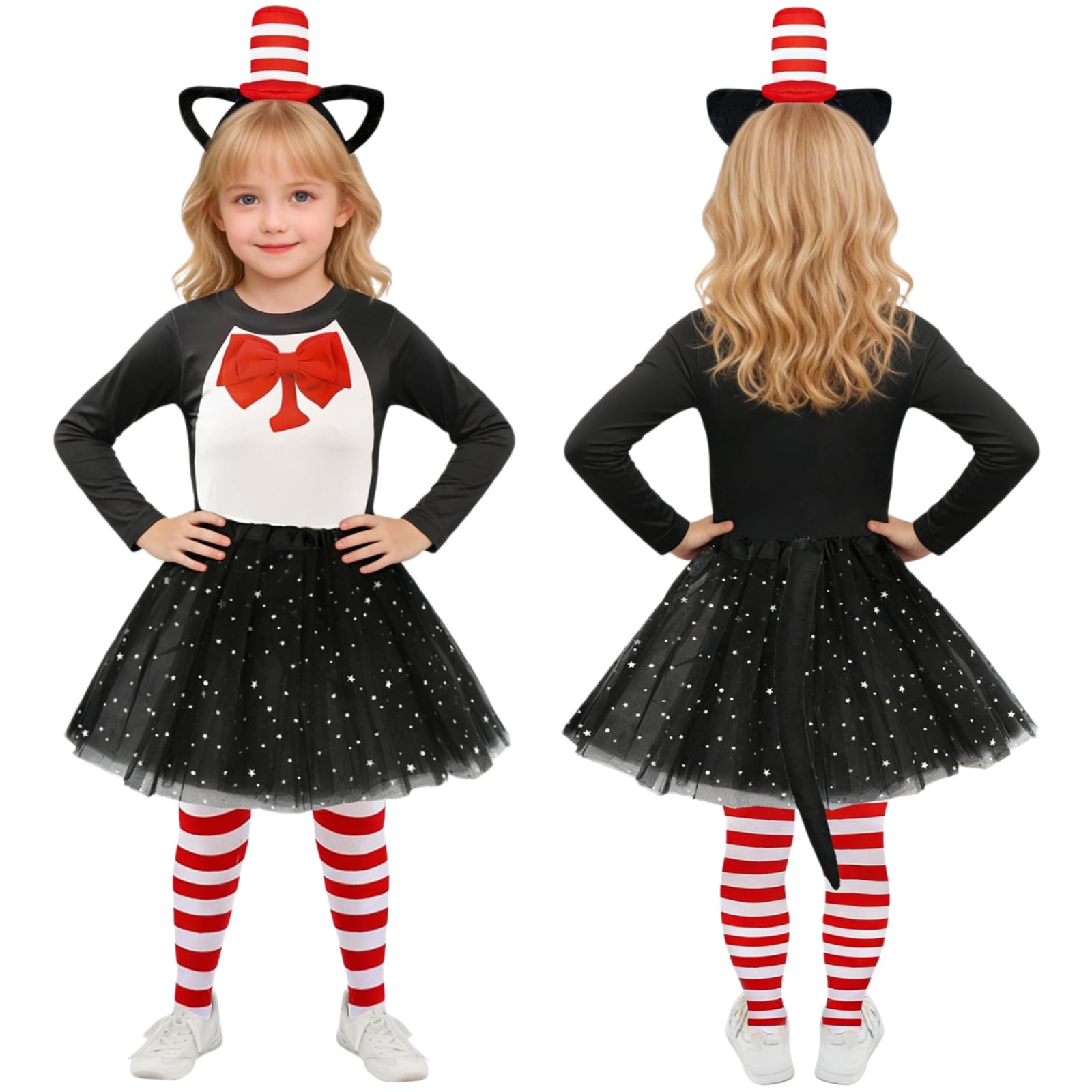 Maazusa World Book Day Cat Costumes Cat Hat Costume Long Sleeve Top Hat Headband Black Star Skirt Tail Gloves Socks Cat Outfit Animal Fancy Dress for World Book Day Carnivals Cosplay Party (M) - Image 4