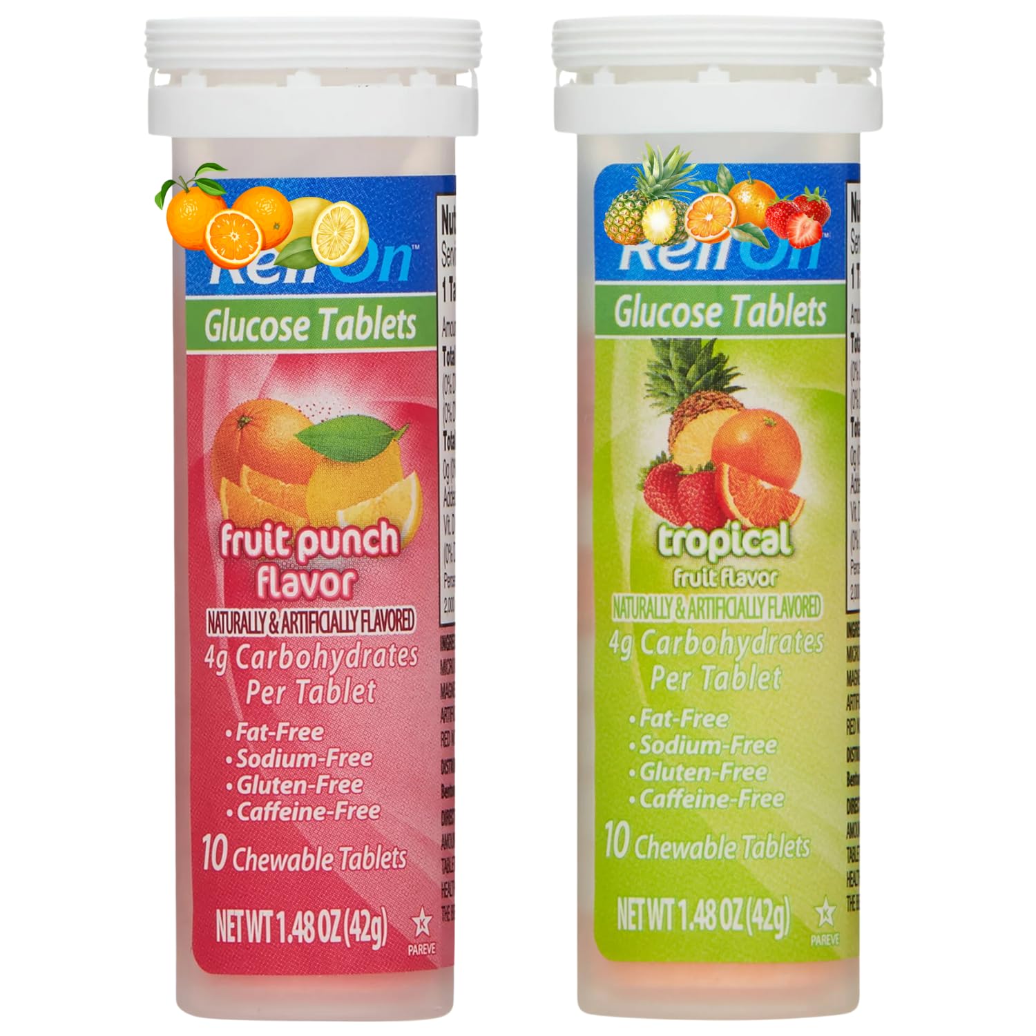 Glucose tablets diabetes Fruit Punch Flavor and tropical fruit travel size,10 count + 10 count Pack of 2 20 Total