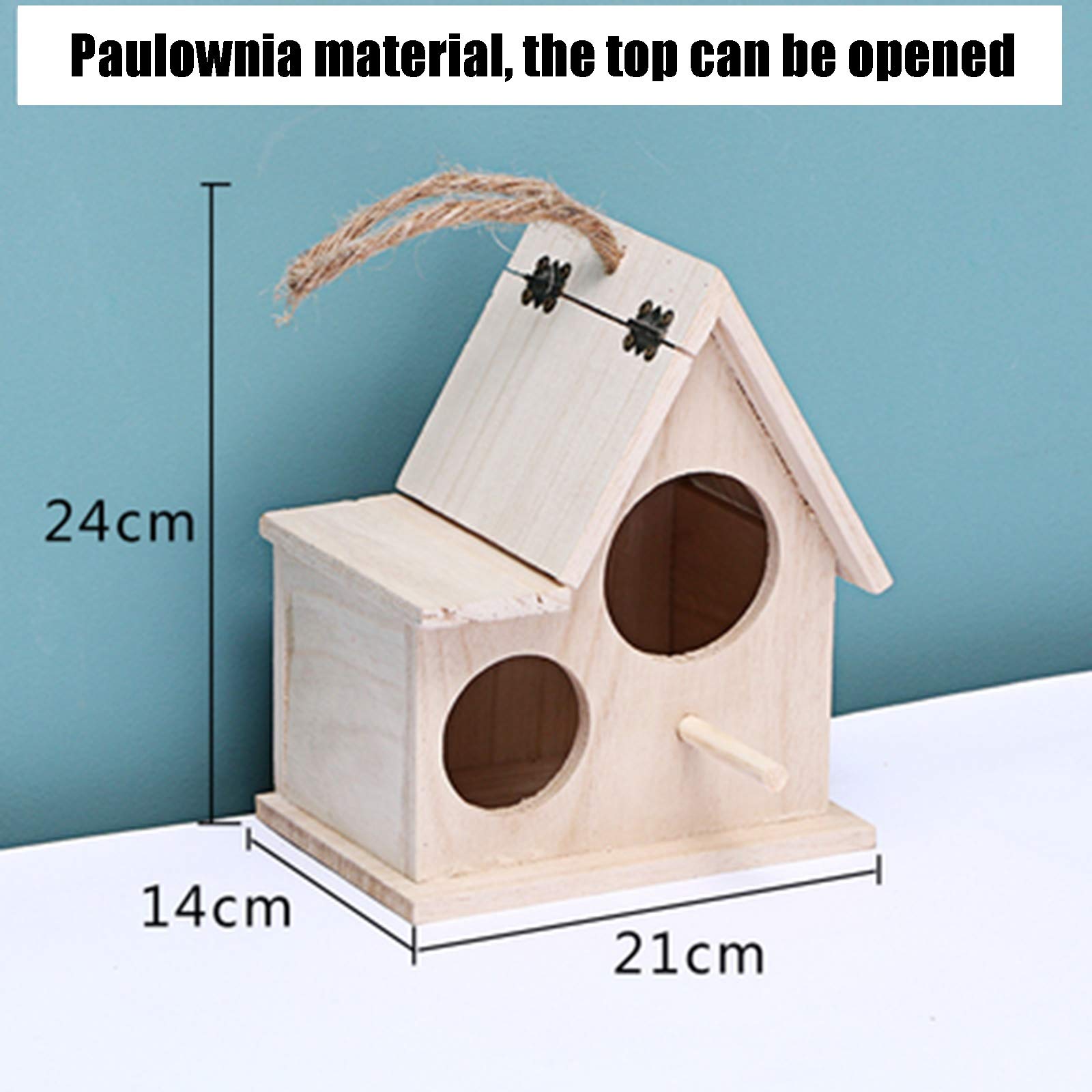 Casa para pájaros, Nido de pájaro de Madera Maciza con Cuerda de cáñamo, se Puede Colgar en Las Ramas del jardín, Caja Nido para pájaros para Mascotas, aviario, 21X14X24cm