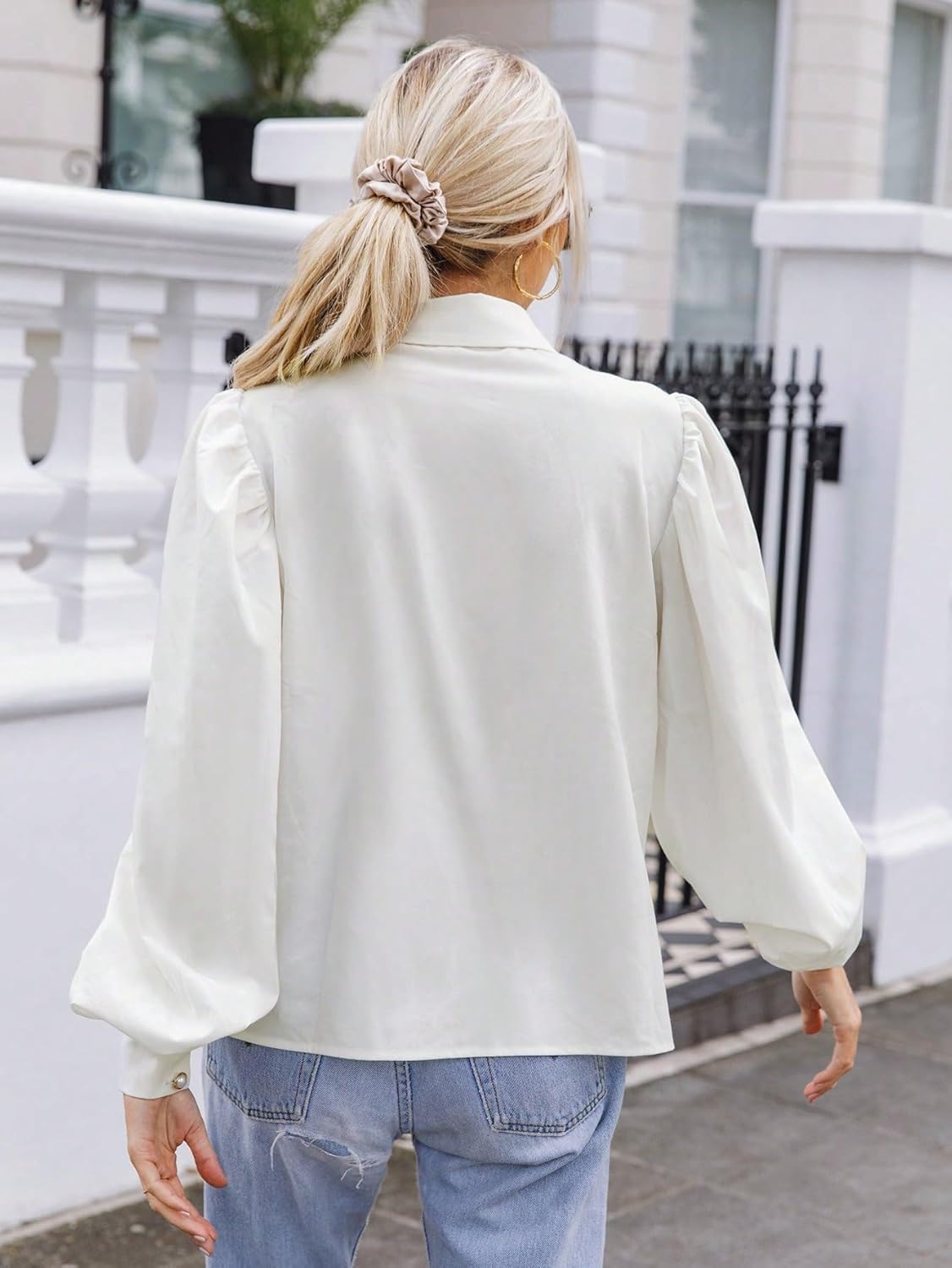 Women's Classic-Fit Shirt Collared Lantern Sleeve Blouse
