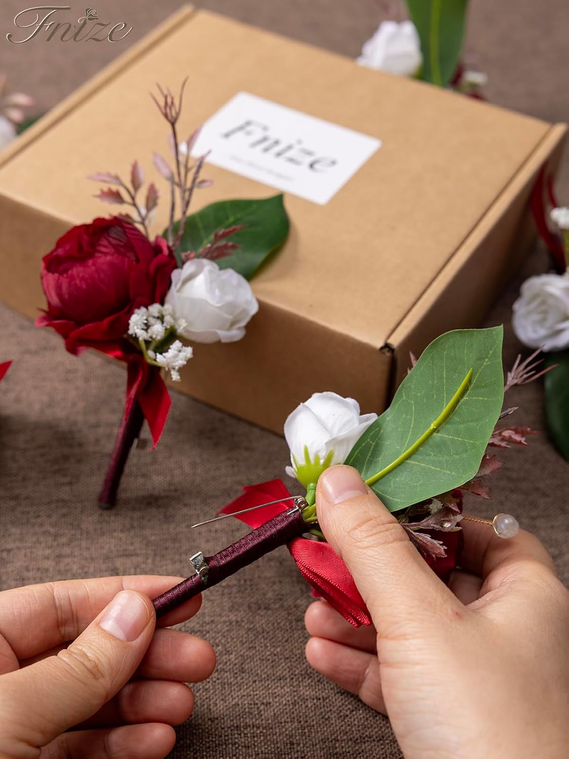 Fnize Boutonniere for Men Set of 6, Groomsmen Guest Boutonniere with Artificial Silk Flowers of Peony Rose, etc. for Wedding Graduation Prom Homecoming (Burgundy)