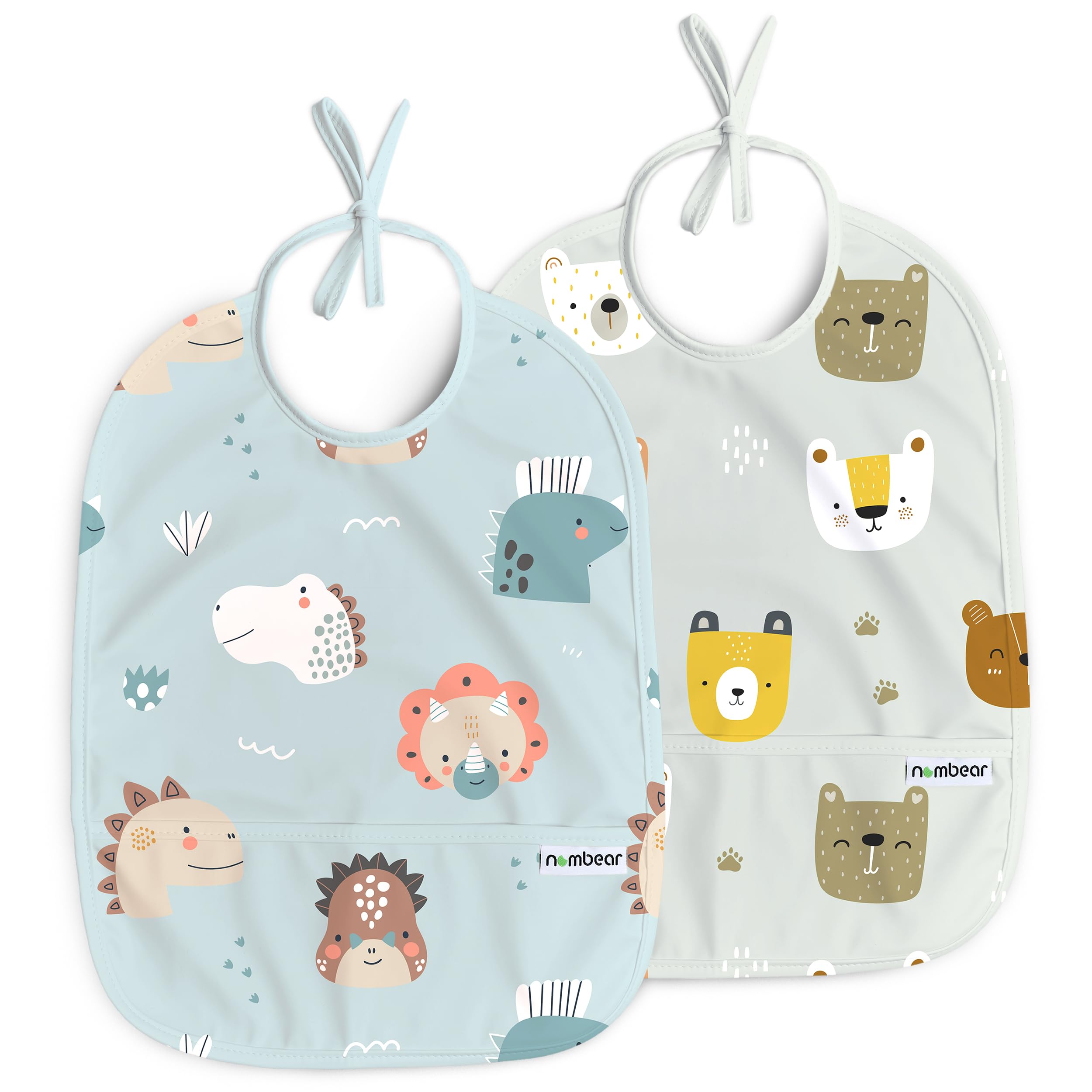 Nombear 01 - Growl (2 Pack) Easy Wipe Clean Sleeveless Baby Bibs 6-12 Months For Baby Led Weaning - Waterproof Feeding Bibs 12-18 Months,Toddler Food Apron, 2-Pack, Growl