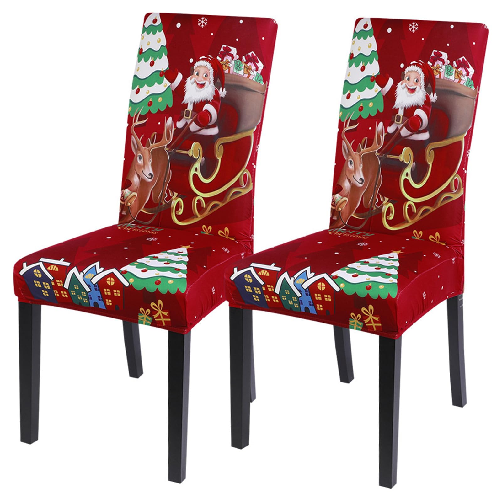 SearchI Christmas Chair Covers Set of 2, Stretch Xmas Kitchen Chair Cover Removable Washable Holiday Parsons Chair Slipcovers for Dining Room, Christmas Decoration, Ceremony(Santa Claus+Elk)