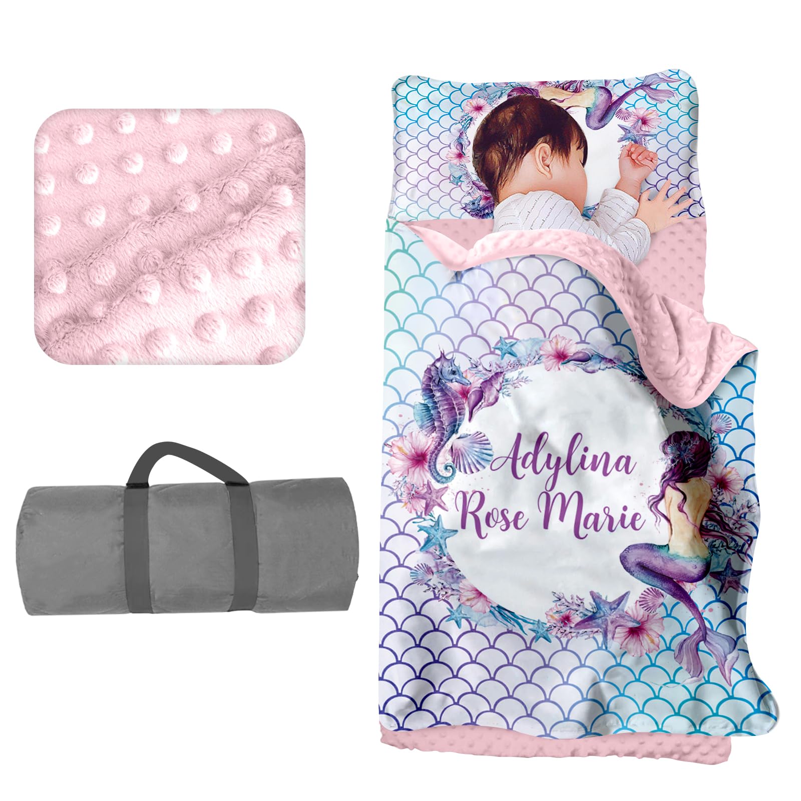 Custom Toddler Girls Sleeping Bag Nap Mat for Daycare, Mermaid Kids Sleeping Bag with Pillow & Blanket for Preschool Kindergarten, Personalized Name Easy Carry Napsack Purple 6