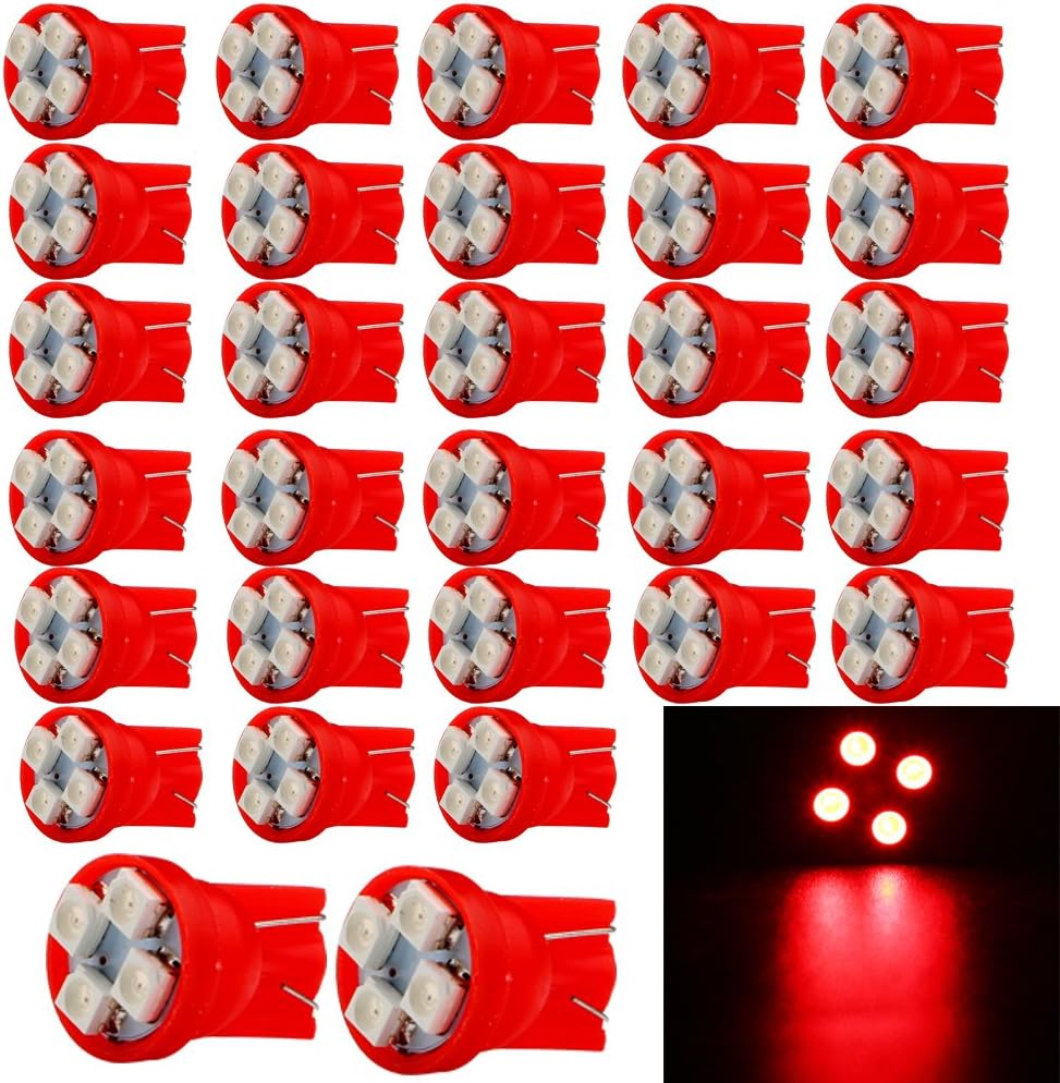 EverBright 30-Pack Red T10 194 168 W5W LED Bulb for Car Replacement Light Bulb License Plate Instrument Lamp Door Dome Map Reading Light Interior Lamp 1210 4SMD (DC-12V)