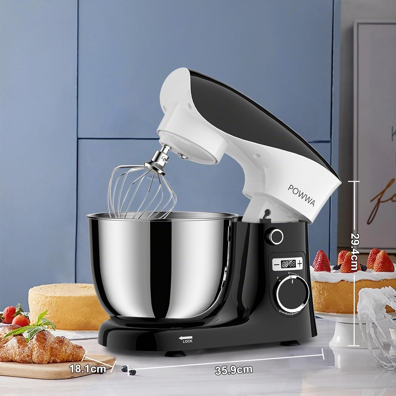Impastatrice Planetaria, POWWA 5L Multifunzione Robot Impastare, Professionale Portable 10+Pulse Velocità con Uncino Impastatore, Mescolatore, Frusta Sbattitric (Black White)