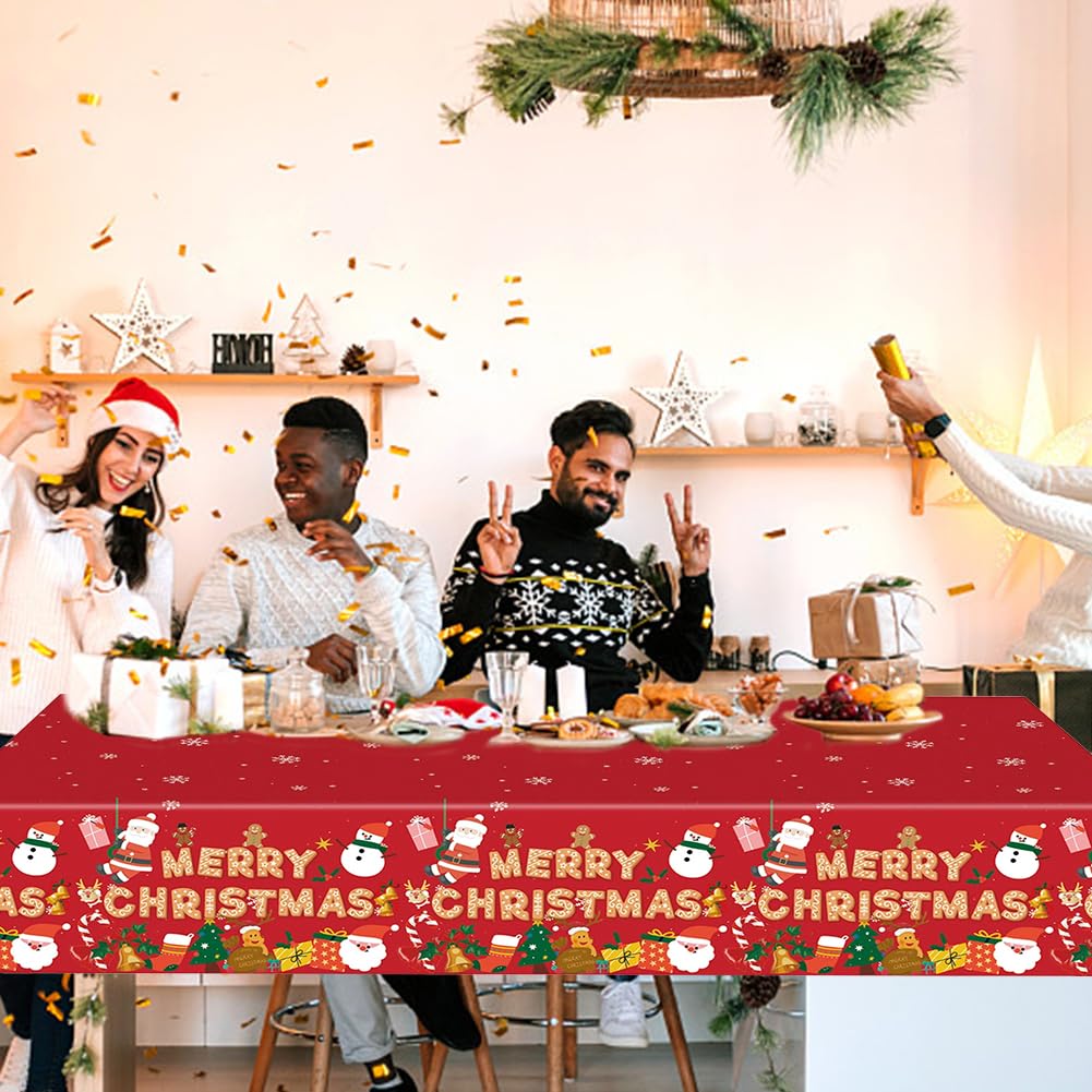XJLANTTE 4 tovaglie natalizie decorative per feste, con Babbo Natale, usa e getta, in plastica, con pupazzo di neve, per feste invernali, 130 x 260 cm