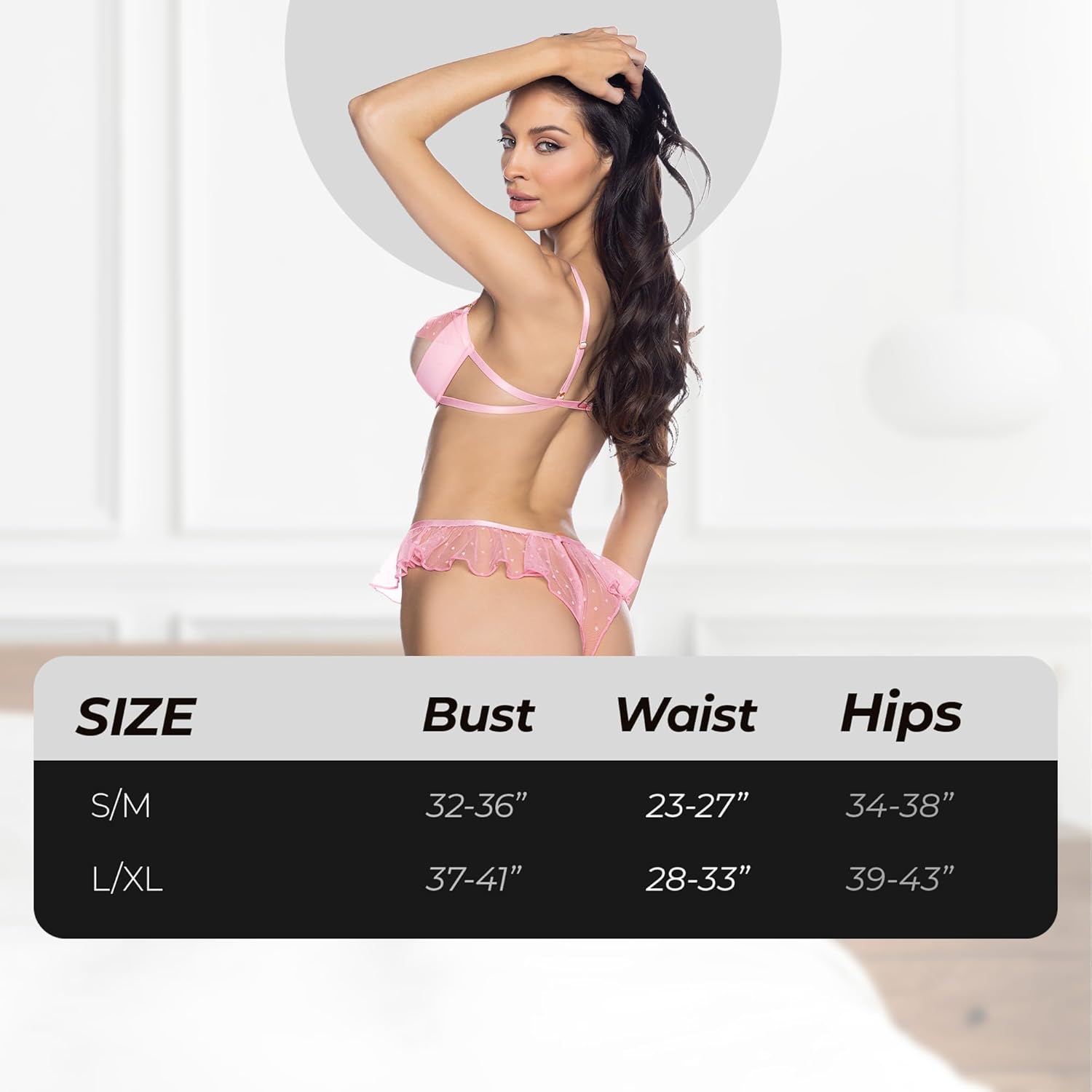 Sexy Bra And Panty Sets For Women, Roma Peek-A-Boo Bliss Lingerie Set, Dot Mesh Open Cup Underwire Bra & Ruffle Short Satin