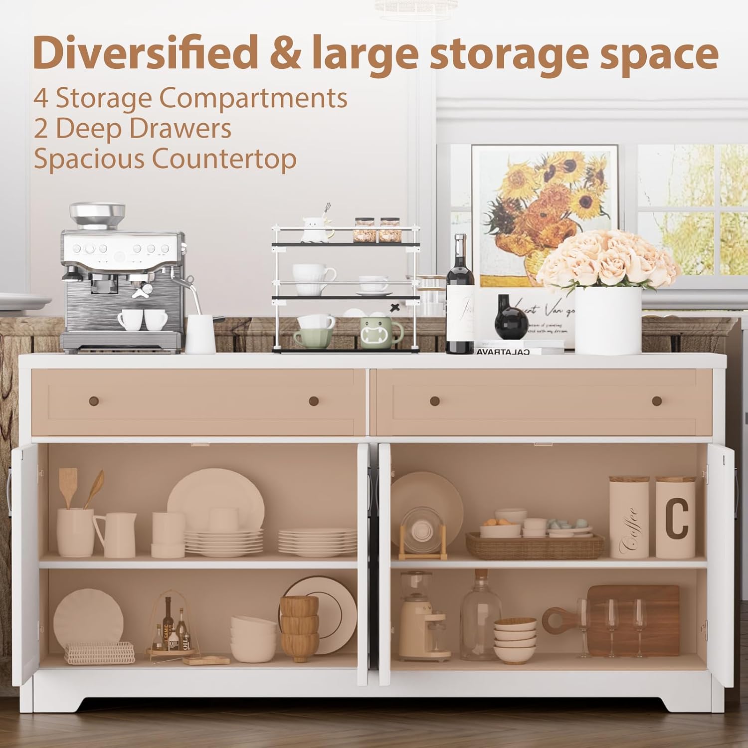 Buffet Cabinet with 2 Drawers, 62" Large Sideboard Buffet Storage Cabinet with 4 Barn Doors and Shelves,Modern Farmhouse Coffee Bar Wood Kitchen Table for Kitchen, Dining Room (White)