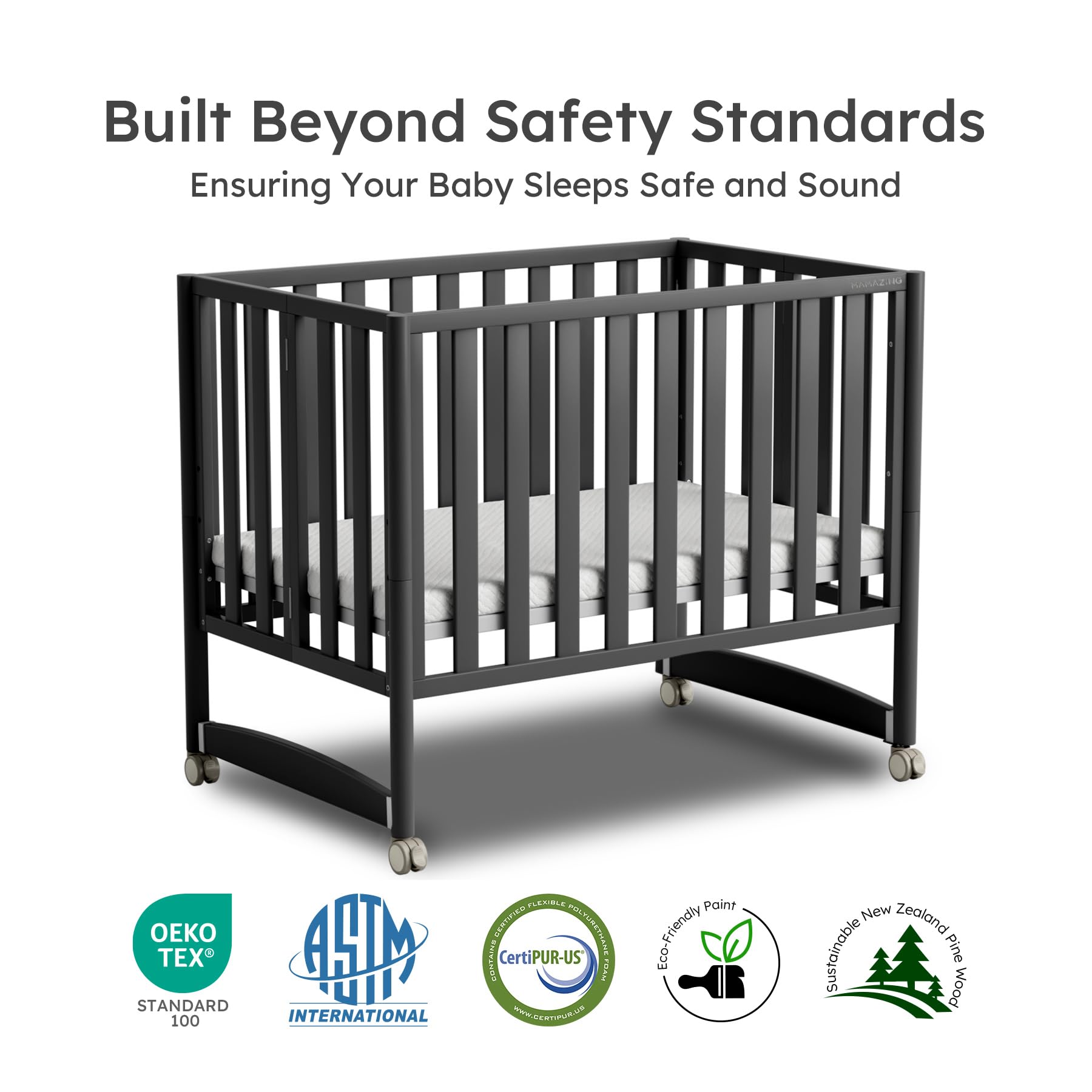 MAMAZING EvoNook 6-in-1 Convertible Mini Crib, 100% New Zealand Pinewood, 4 Adjustable Mattress Heights, Black with Matttress (Crib with Mattress, Black)