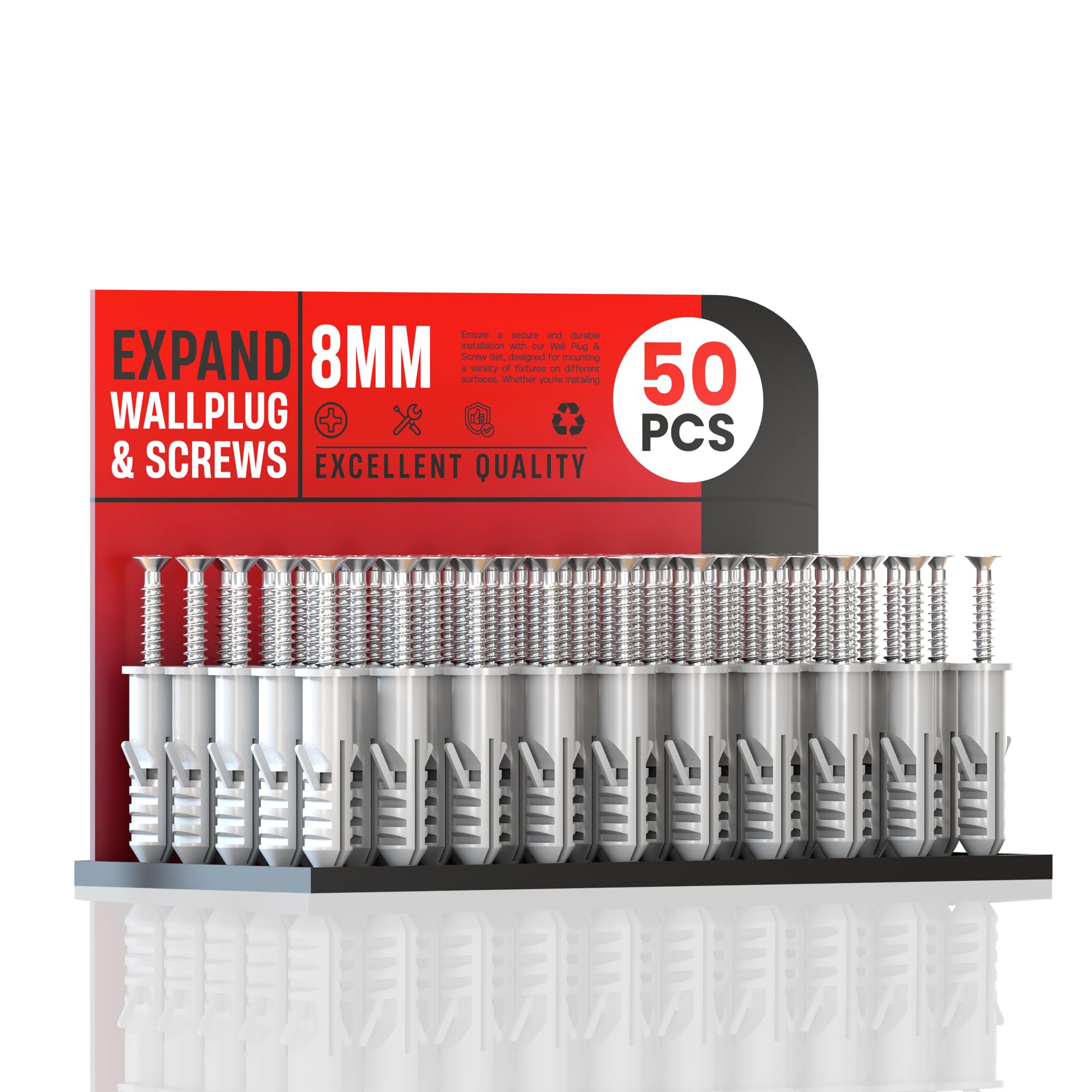 50PCS Grey Wall Plugs and Screws Set, 8mm Wall Plug Fixings, Heavy Duty Wall Anchors and Screws, Masonry Wall Fixing Kit for Brick, Concrete, Plasterboard and DIY Projects