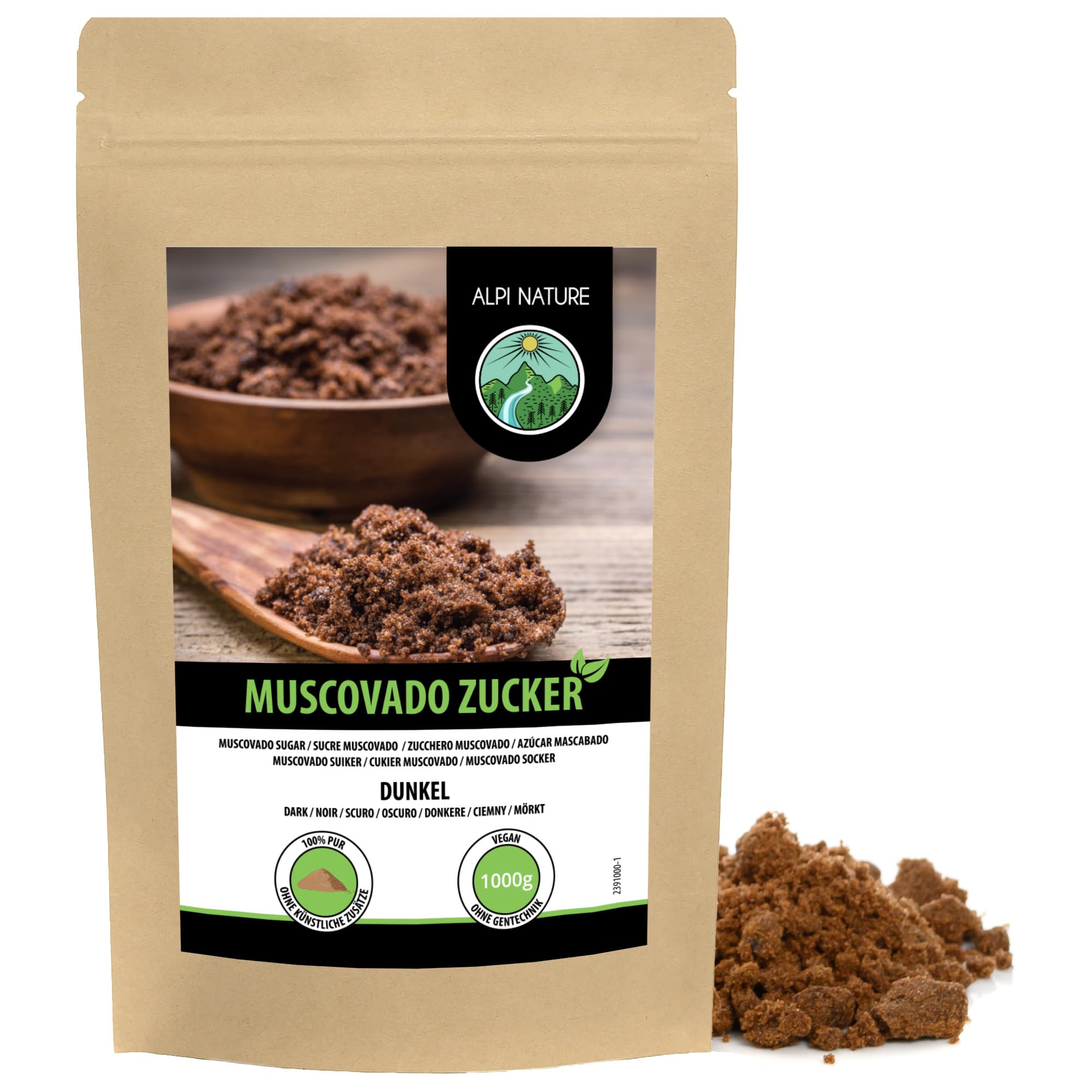 Alpi Nature Azúcar Mascabado Oscuro 1kg, Azúcar de Caña Cruda sin Refinar, Edulcorante Natural