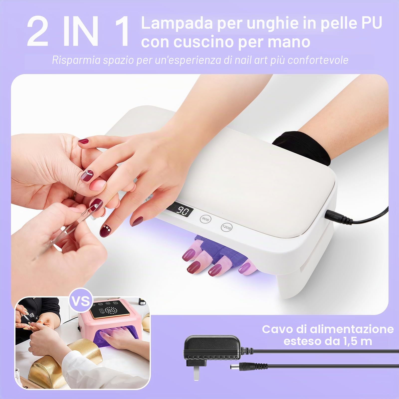 Lampada UV per Unghie con Bracciolo e Guanti UV: Professionale LED Lampada per Unghie, 4 Timer Asciugatrice Pieghevole con Poggiamano per Unghie Smalto Gel per Casa e in Salone, Bianco