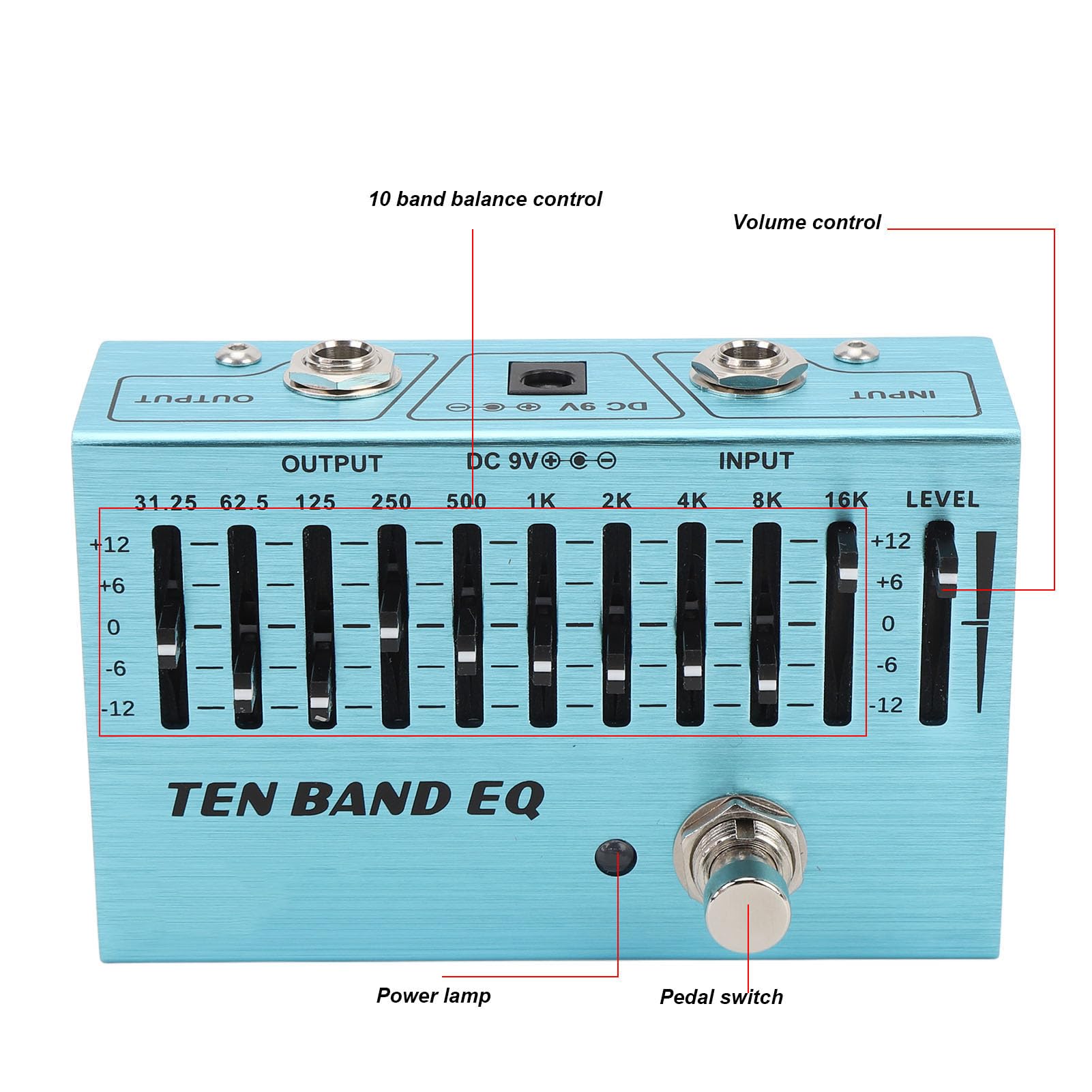 Dioche Band Equalizer 10 10-pasmowy pedał EQ Firmy [Brand Name] — Najwyższej Jakości Aluminiowy Miniefekt Korektora do Gitary Basowej i Elektrycznej, True Bypass, 31,25 Hz–16 KHz, DC 9 V — Idealny dla