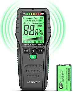 Pinless Moisture Meter for Wood, Drywall & Concrete – Digital Moisture Tester with 3-Color LCD Display, Audible Alarm & HOLD Function – Ideal for Firewood, Lumber, Home Inspections (Green)