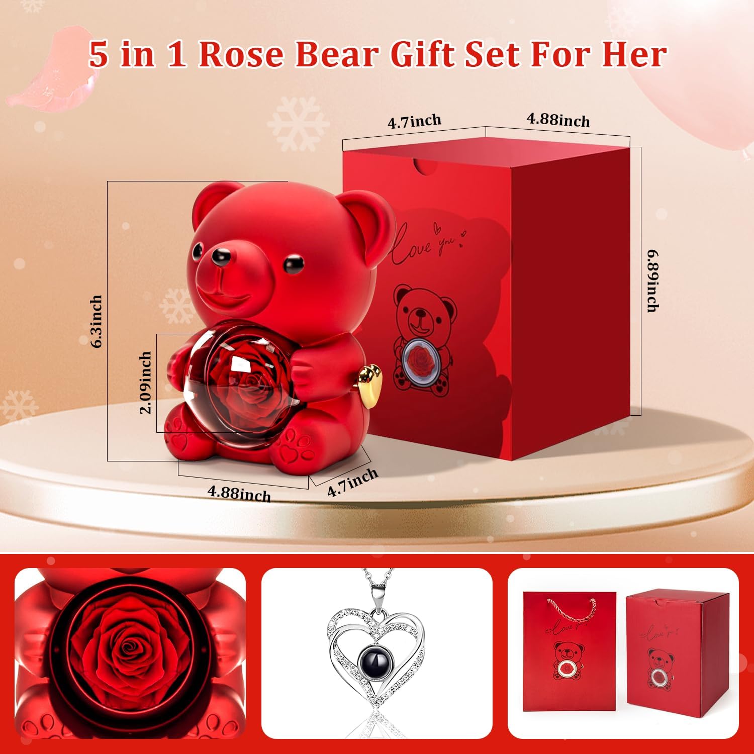 HITOP Rose Gifts for Women - Cute Teddy Bear with Preserved Real Roses Forever Flowers and I Love You in 100 Languages Necklace for Girlfriend Her Wife Mom Grandma on Birthdays, Anniversaries - Image 5