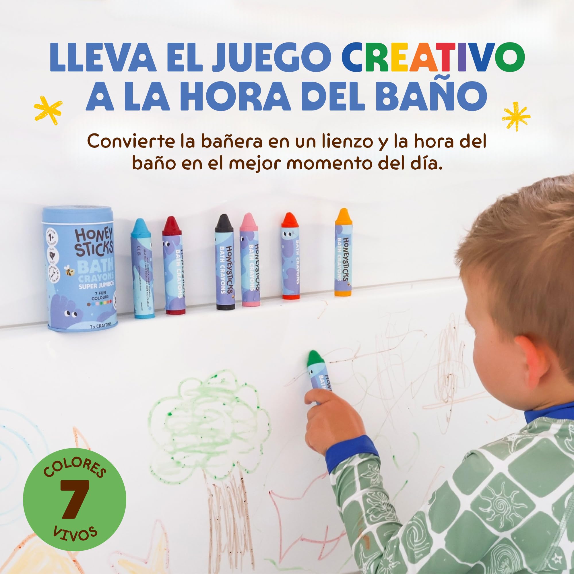 Honeysticks Crayones de Baño Super Jumbo (Paquete de 7) No Tóxicos | Cera de Abejas, para Niños de 1 a 3 y 4 a 8 Años, Colores Calidad Alimentaria, sin Fragancia, No Irritantes, Excelente Regalo