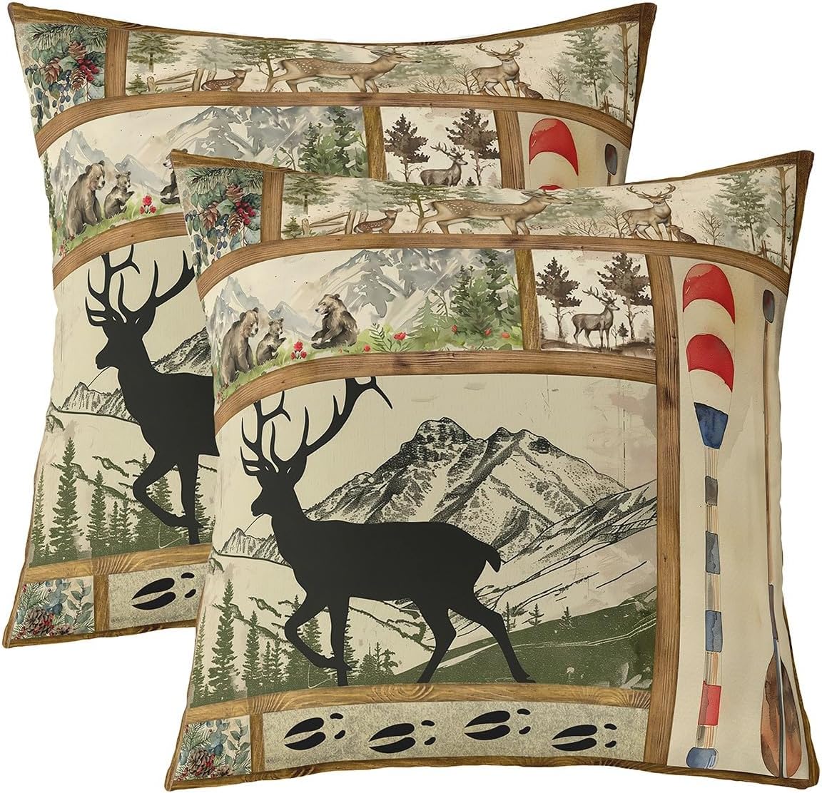 Farmhouse Lake House Decor Throw Pillow Covers 22x22 Inch Set of 2, Rustic Hunting Deer Pillow Covers for Sofa Couch, Retro Wild Animals Cushion Cases, Pine Tree Paddle Decorative Square Pillow Cases