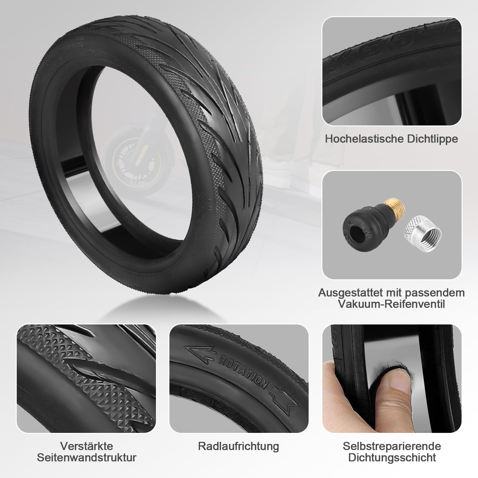 60/65-6,9 Tubeless Reifen mit Ventil für Ninebot Max G2/G2D/G2E/G65/F3/F3 Pro Hinten Scooter 10'' Ersatzräder Hochelastische Ersatz Reifen mit Live-Kleber Reparierbar Pannensicher (1 Stück)
