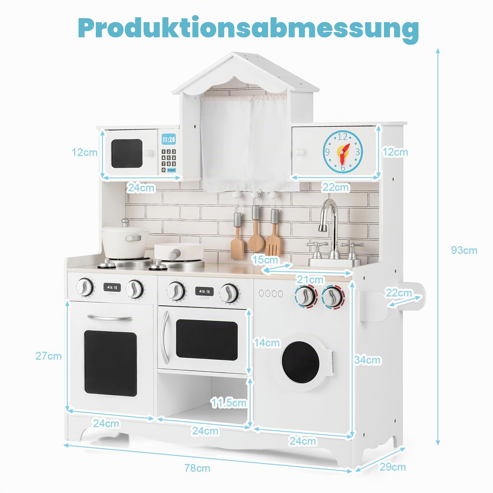 HOMASIS Kinderküche mit Spielzubehör, Kinder Spielküche Holz, Spielzeugküche mit Spüle Herd Backofen Mikrowelle Waschmaschine, Holzküche mit Kochgeschirr, Küchenset für Kinder ab 3 Jahre, 78x29x93cm