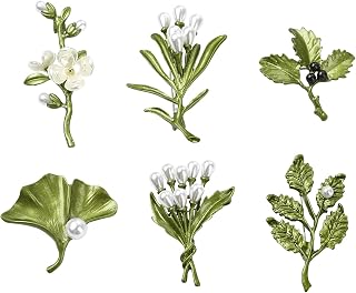 Ornazy 6Pcs Mixed Styles Flower & Tree Leaves Lapel Pins Vintage Plastic Pearl Flower Plant Brooch for Jewelry Accessories Gifts