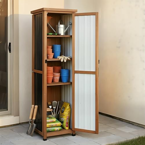 Miniatura 14 de PetsCosset Armario de almacenamiento para exteriores impermeable, cobertizo de almacenamiento al aire libre con estantes, madera y metal para patio,