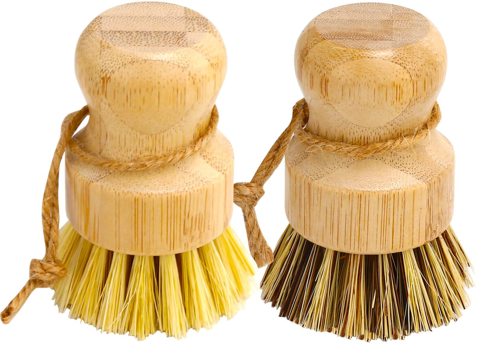 Aisuly Bamboo Dish Brush Set, 2 Pcs Palm Wooden Dish Scrubber Brush, Dish Brushes, Durable Wood Dishes Scrub Brush, Natural Round Vegetable Cleaning Pots Pans Sink Washing Kitchen Brush