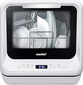 COMFEE' Portable Countertop Dishwasher with Built-in Water Tank, 6 Programs, 360° Dual Spray, High-Temp & Air-Dry, White