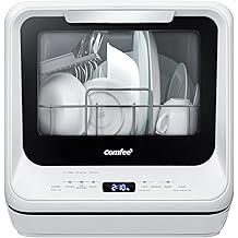COMFEE' Portable Dishwasher Countertop with 5L Built-in Water Tank, No Hookup Needed, 6 Programs, 360&deg; Dual Spray, 192℉ High-Temp&amp; Air-Dry Function, Mini Dishwasher for RVs, White