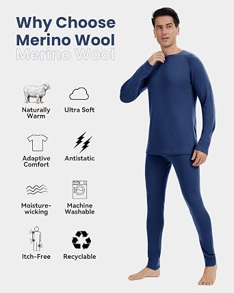 Men's 100% Merino Wool Base Layer Sets Lightweight Active Base Layer for Ski
