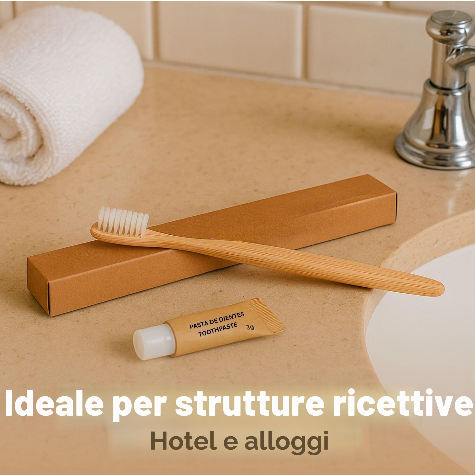 Confezione da 50 set dentali con spazzolino da denti in bambù e dentifricio da 3 g - manico naturale - astuccio singolo riciclato - set dentale ecologico per alberghi, cliniche e alloggi