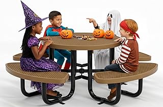 Round Metal Picnic Tables for Kids for Outdoors with Umbrella Hole, Adjustable Seats for School, Park, Playground (Brown, 38 in, Kids, Expanded Steel)