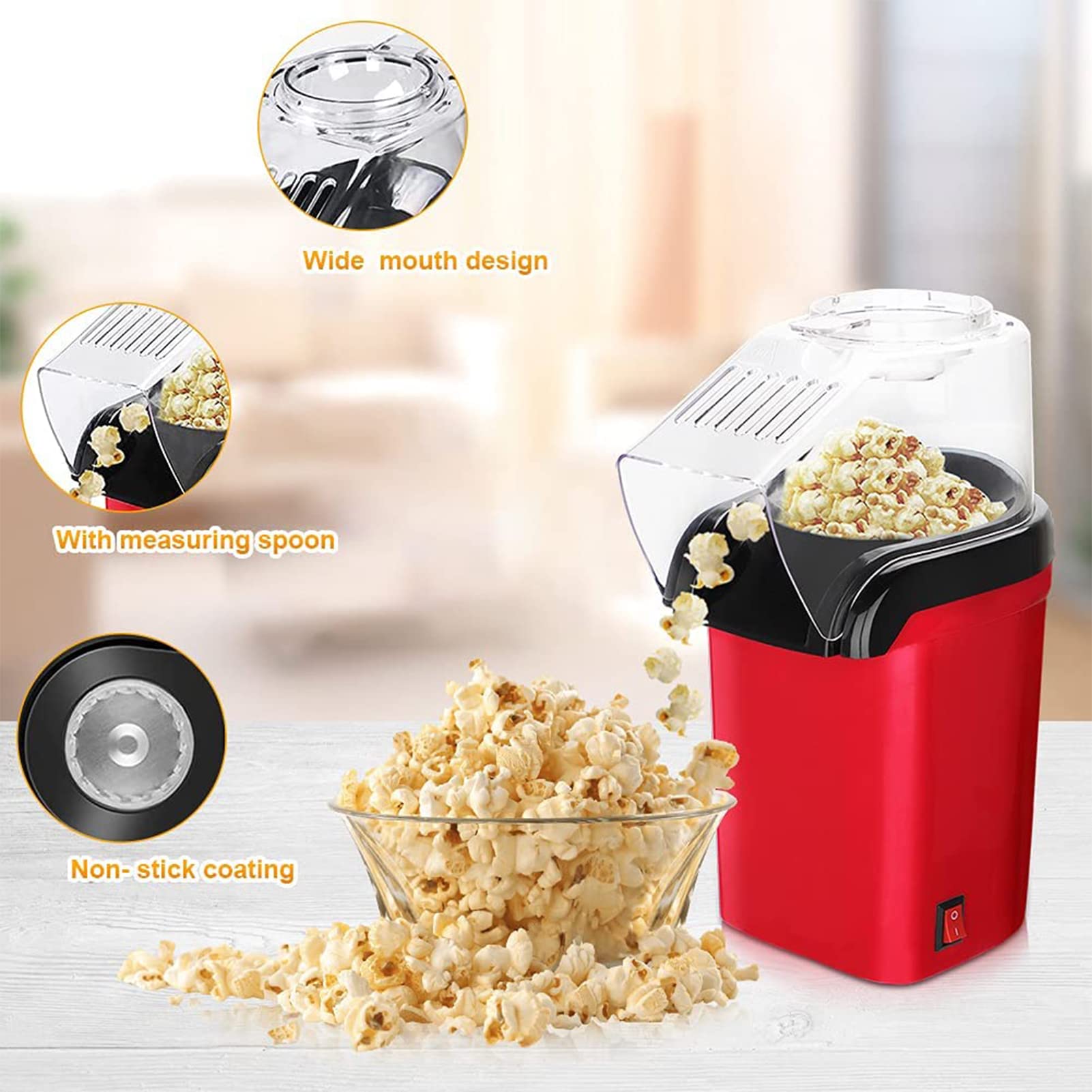 Generic Popcornowa maszyna do popcornu, mała maszyna do popcornu, 1200 W z wyjmowaną pokrywką i kubkiem pomiarowym, beztłuszczowy i zdrowy, na wieczory filmowe w maju