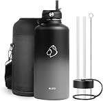 BUZIO 64oz Insulated Water Bottle, Stainless Steel Half Gallon Metal Jug (Cold for 48 Hrs) Triple Wall Large Leakproof Wide Mouth Drink Flask with Straw Lid Flex Cap for Gym Sports Hiking, Camping