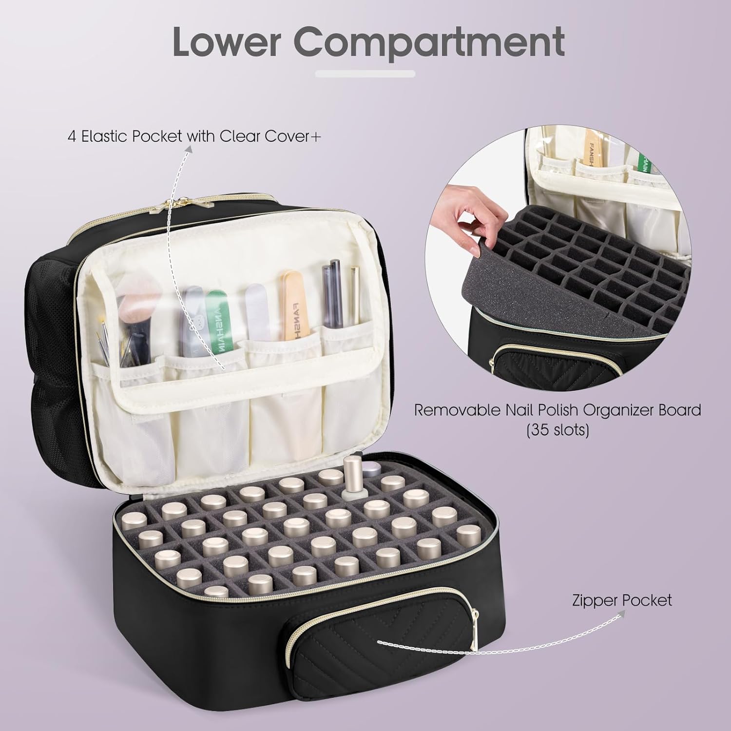 Nail Polish Bag Organizer Case Double Layer Nail Kit Storage Bag Fits 45+ Bottles(15ml/0.5fl.oz) and Nail Supplies Nail Travel Carrying Case for Nail Tech and Nail Lover.