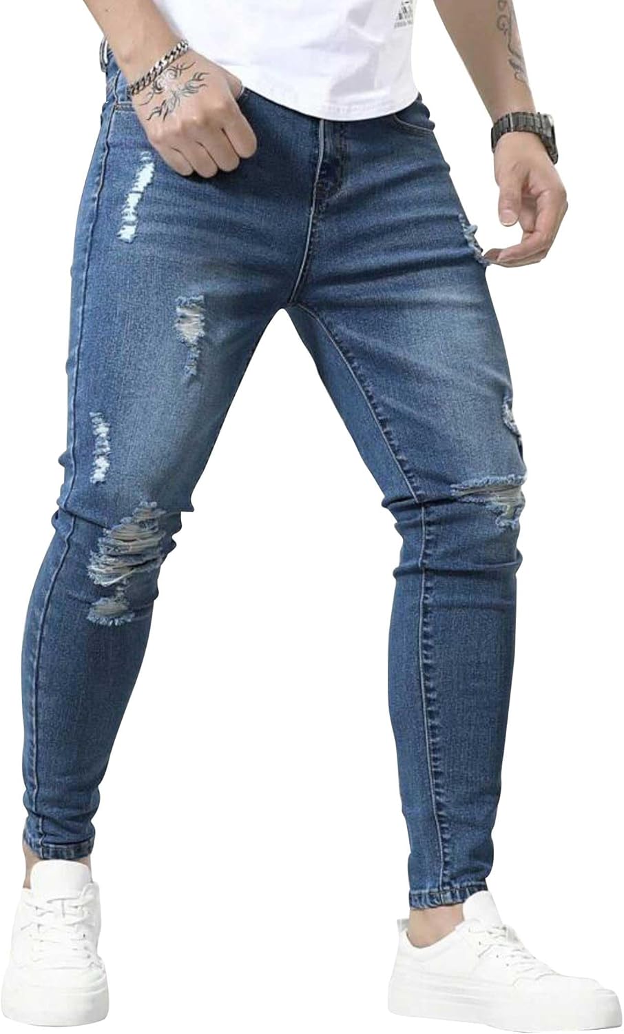 HUNGSON Skinny Jeans for Men Stretch Slim Fit Ripped Distressed(Blue,36) - Image 4