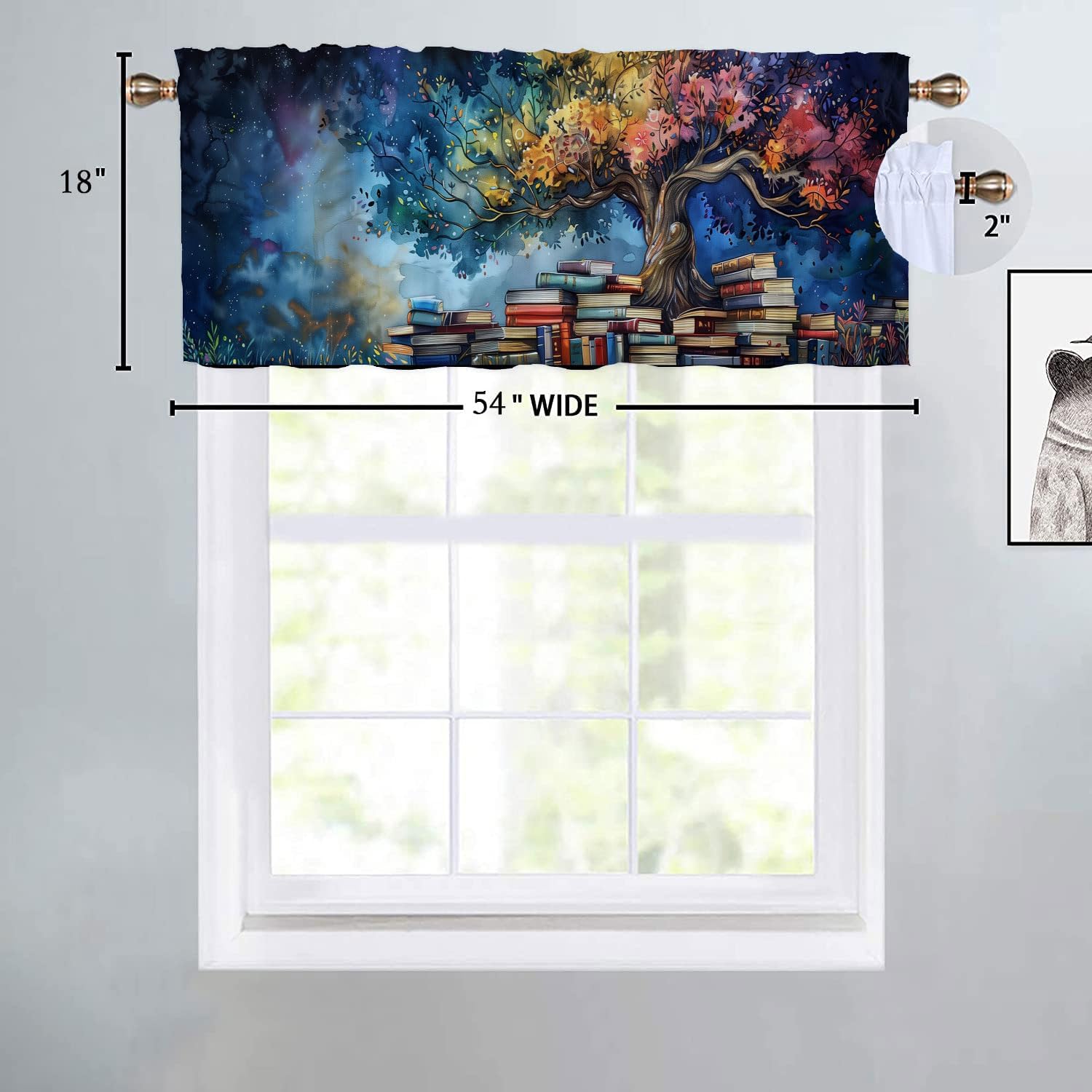 Books Tree Windows Valances Curtain Tree Fantasy Colorful Book Rod Pocket Window Treatments Drapes for Bedroom Bathroom 2 Pack 52x 18 inch