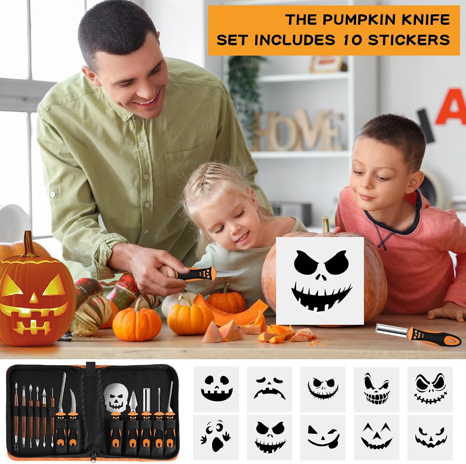 Halloween Pumpkin Carving Tool kit, 13-Piece Professional Stainless Steel Pumpkin Cutting & Carving Set with 10 Templates, Carrying Bag - Perfect for Family Fun Time During Halloween