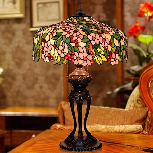 errzom Tiffany Table Lamp Stained Glass Bedside Reading Lamp 3-Light 20"X20"X32" Antique Victorian Art Style Desk Lamp for Bedroom Living Room Study Office Iron Base Zipper Switch,Apple Flower photo 2