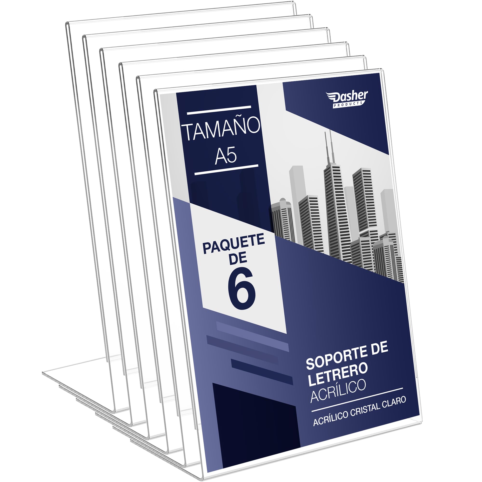 Soporte para carteles A5 de acrílico transparente inclinado, porta carteles de metacrilato para mostrador, expositor de plástico para menús, anuncios, folletos y señalización (A5 - 6 Unidades)