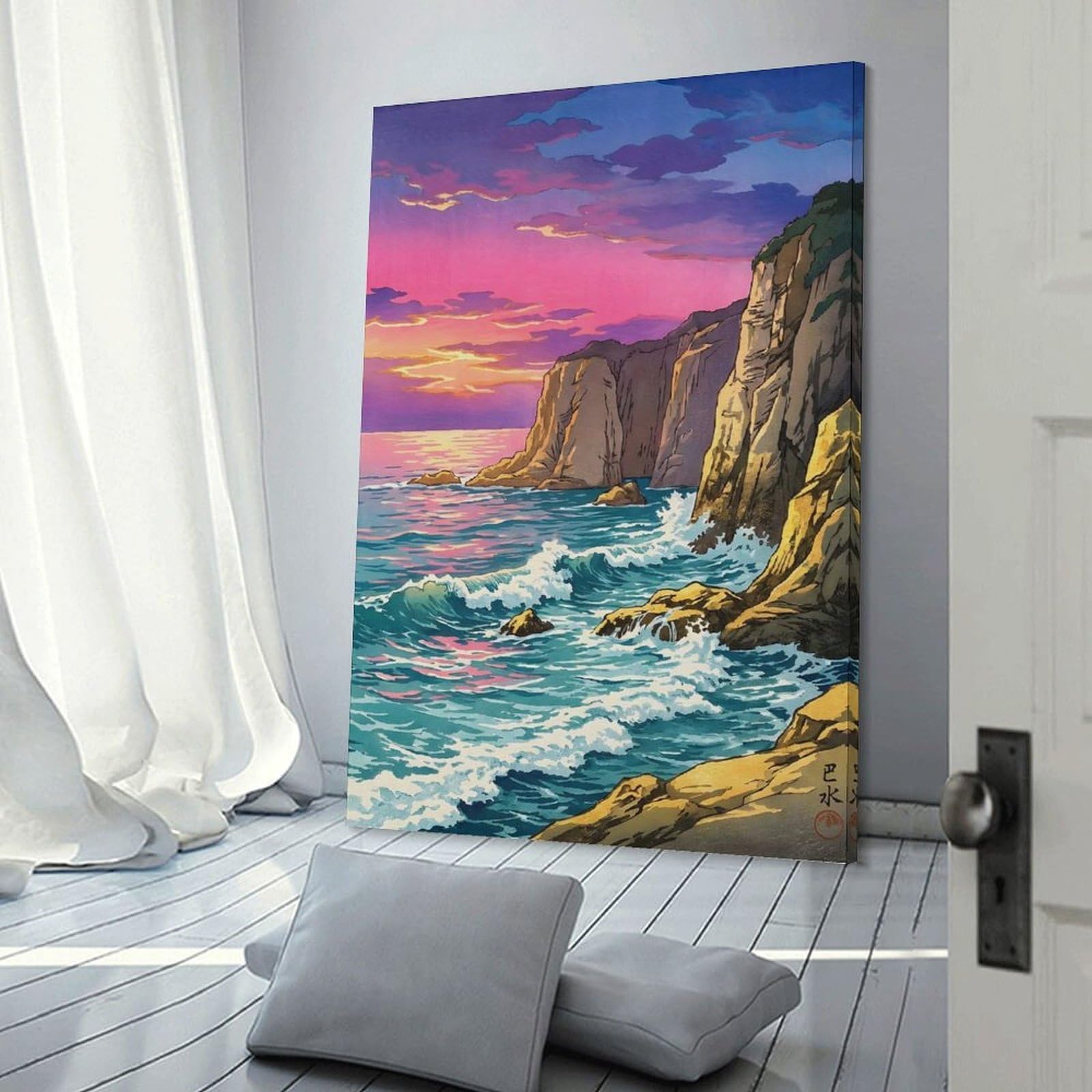 Junmoney Wall Picture Print Coastal Cliff Sunset Painting, 08x12inch(20x30cm), for Workspace Walls, Study Corners Or Bedrooms, A Smart Decor Choice for Study Walls