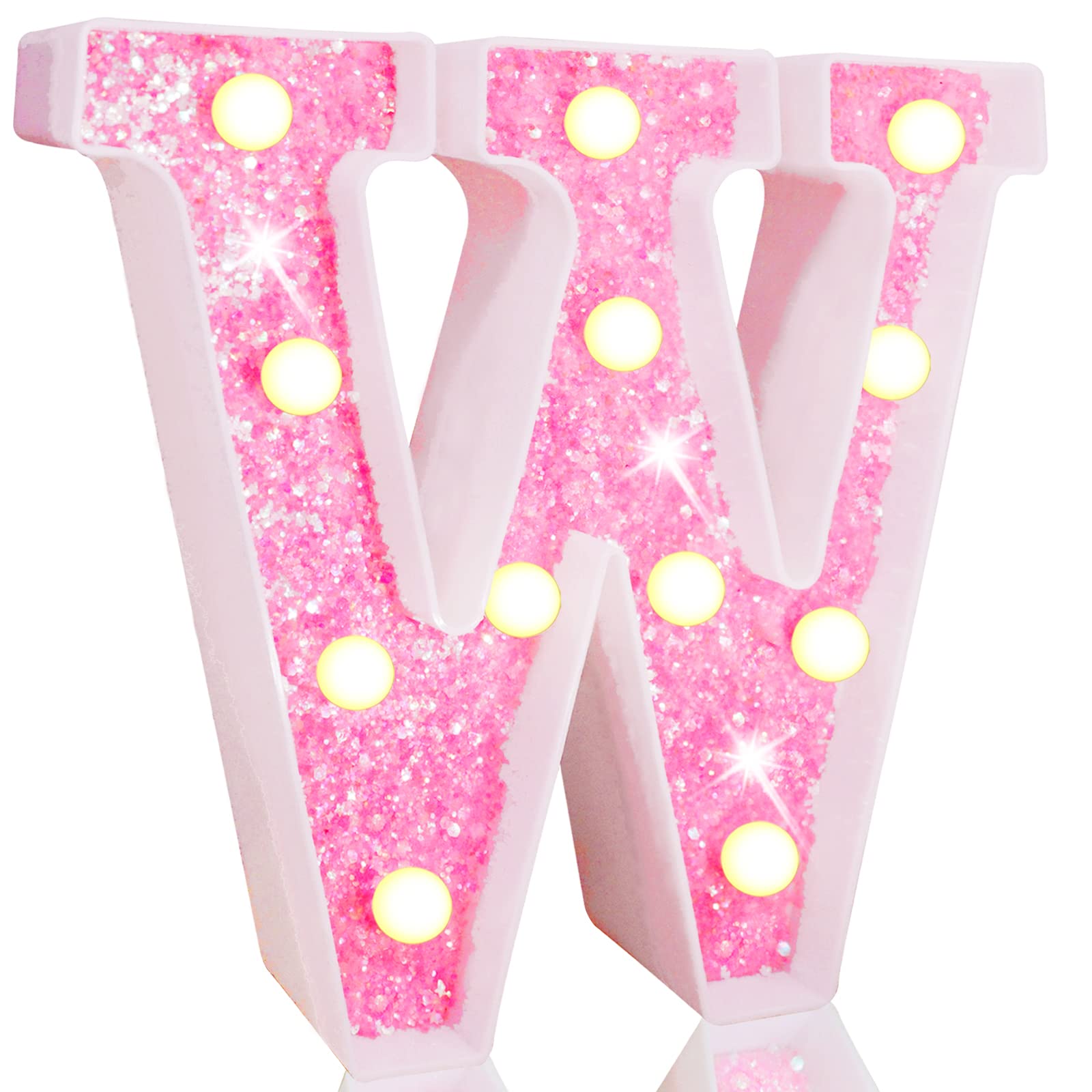 Pooqla LED Marquee Letter Lights, Pink Glitter Light Up Letters Alphabet Sign Battery Powered Night Light, Birthday Party Wedding Girls Gifts, Christmas Room Dorm Bedroom Decoration, Pink Letter W