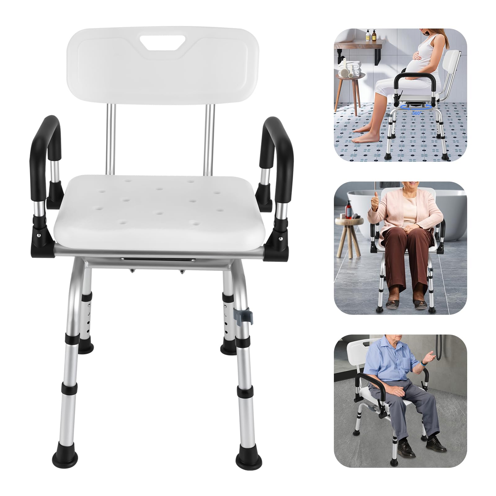 Silla de ducha giratoria de 360 grados, especialmente para personas mayores, altura regulable con respaldo y reposabrazos plegables, capacidad de carga de hasta 180 kg, antideslizante, ideal para