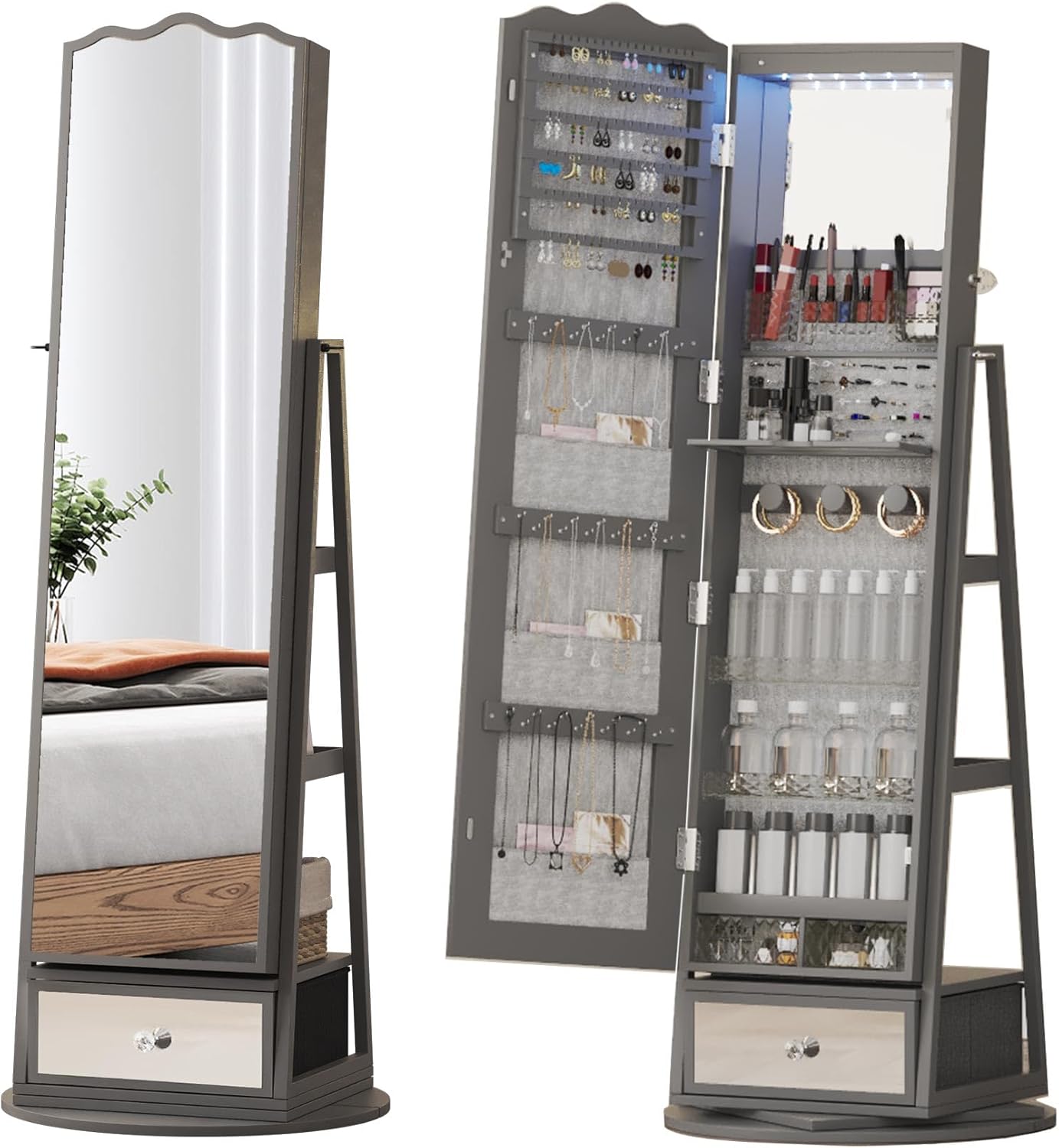 MDGC 360° Swivel Jewelry Armoire with LED Light, Lockable