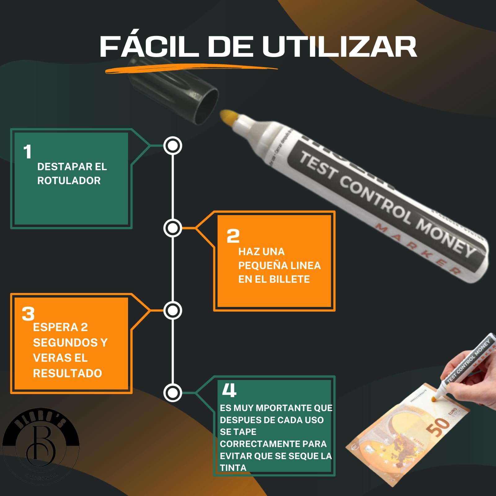 3 Uds Detector Billetes Falsos - Fabricado en España - Apto para Todos los Billetes de Euros, Dólar, Libras, etc. - Tinta Duradera - Rotulador Contador de Billetes - Supermercado Tienda Cajero Dinero