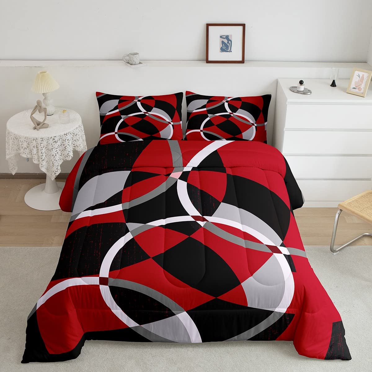 Circle Geometry Comforter Set Full Size Kids Red Grey Black Stripe Line Comforter Set for Boys Teens Modern Art Bedding Set Abstract Art Duvet Set Room Decor Quilt Boys