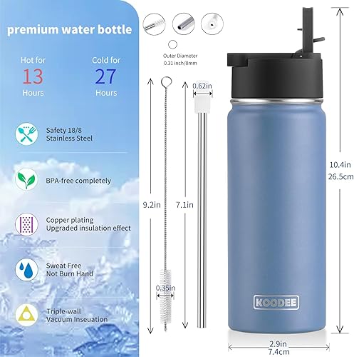 Miniatura 6 de koodee Botella de agua de 18 onzas con pajilla, paquete de 2 botellas de agua de acero inoxidable con aislamiento de doble pared para la escuela,