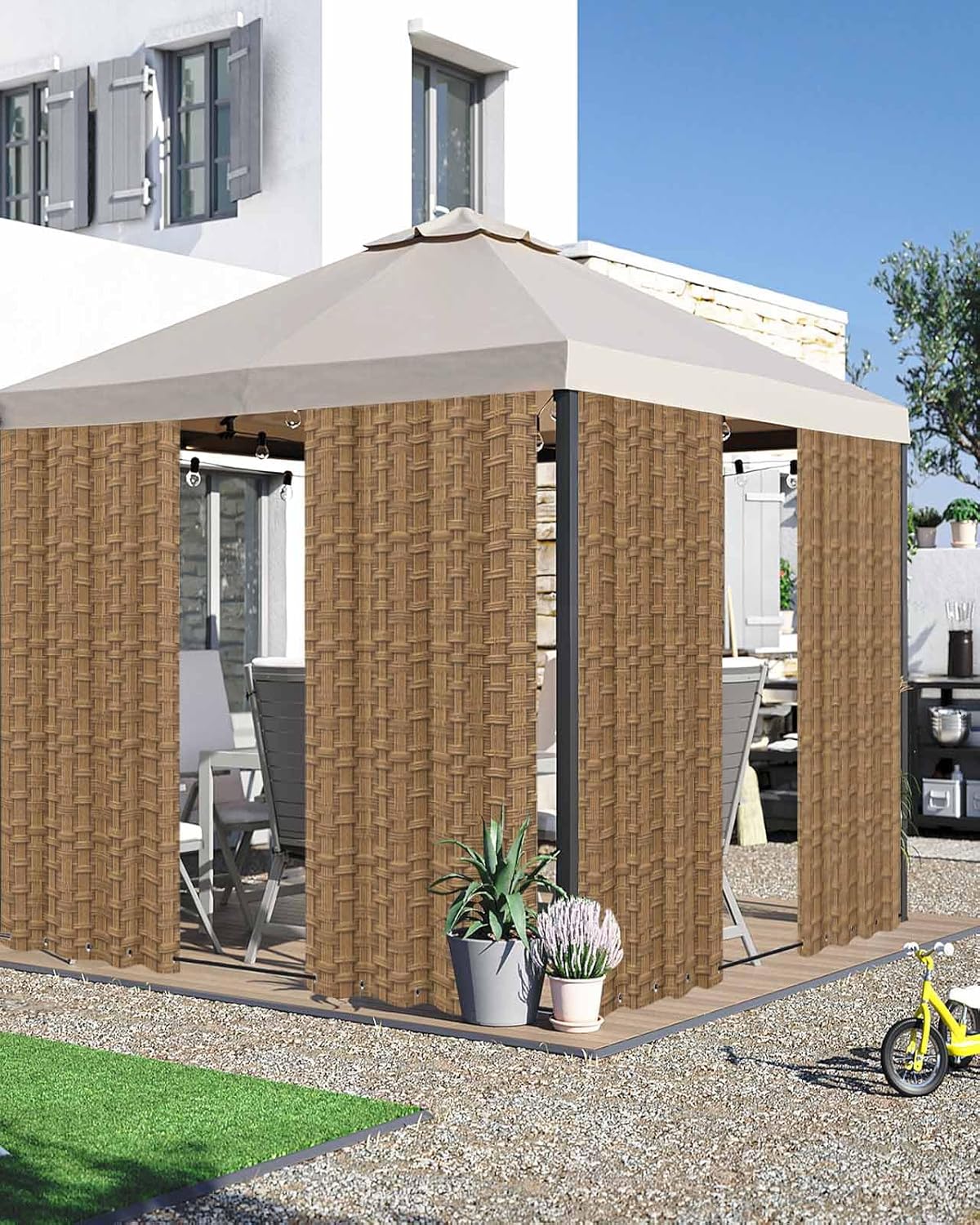 Vintage Rattan Outdoor Curtains for Patio Waterproof, Minimalist Abstract Wicker Texture Brown Outdoor Privacy Panels Grommet Sun Blocking Outside Curtains for Porch, Pool, Balcony, 54W x 95L inch x2