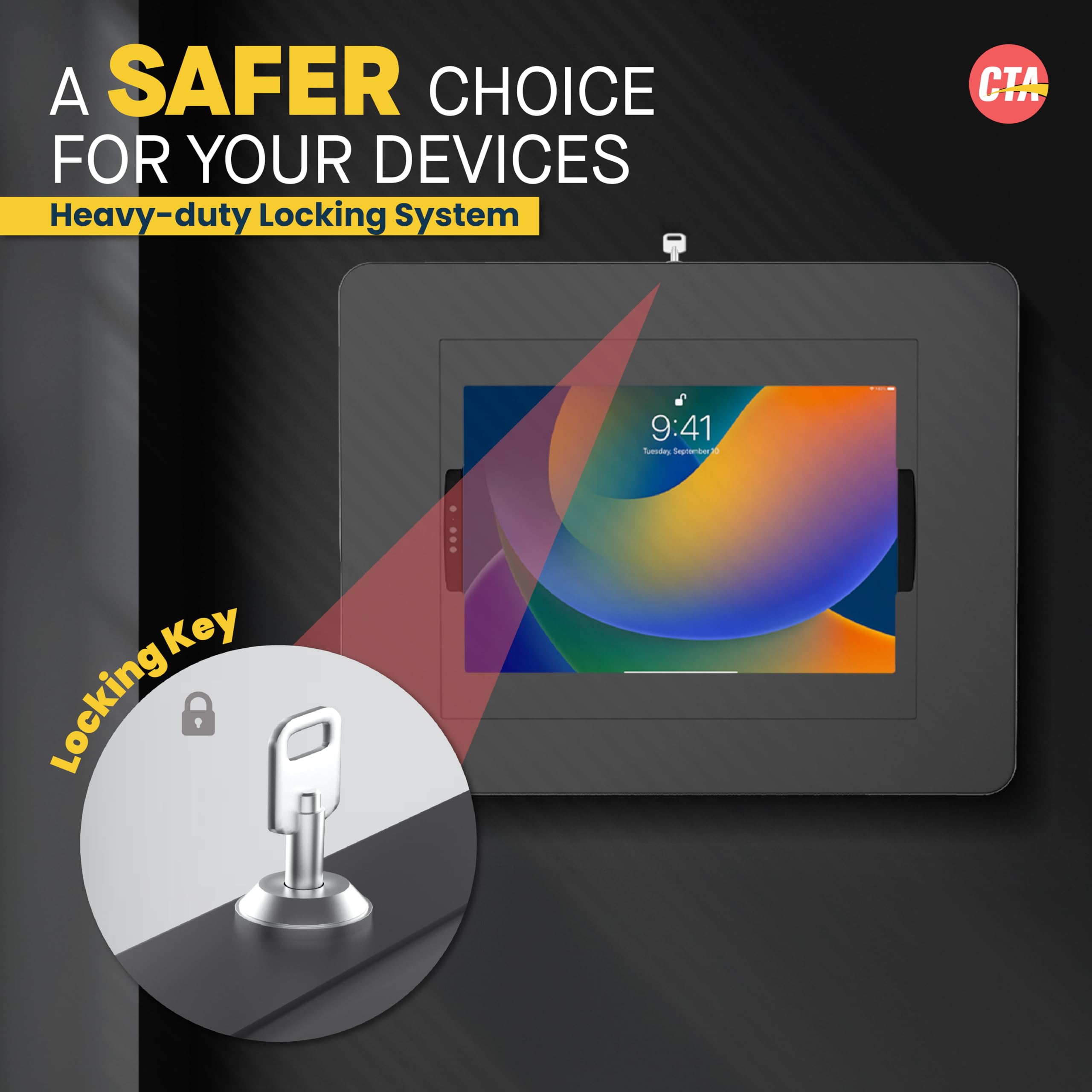 CTA Digital Wandhalterung mit Verriegelung für iPad-Tablets, Diebstahlschutz-Gehäuse mit Schloss und interner Kabelführung für iPad Pro 12,9", Surface Pro 3, 4, 5, 6, 7, 8, X – Schwarz, (PAD-PLWB)